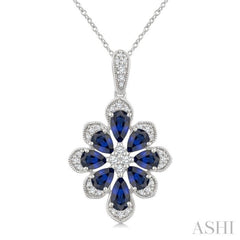 1/6 Ctw Floral Motif 5X3MM & 4X3MM Pear Cut Sapphire and Round Cut Diamond Precious Pendant With Chain in 10K White Gold