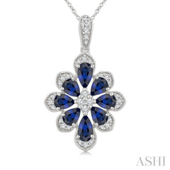 1/6 Ctw Floral Motif 5X3MM & 4X3MM Pear Cut Sapphire and Round Cut Diamond Precious Pendant With Chain in 10K White Gold