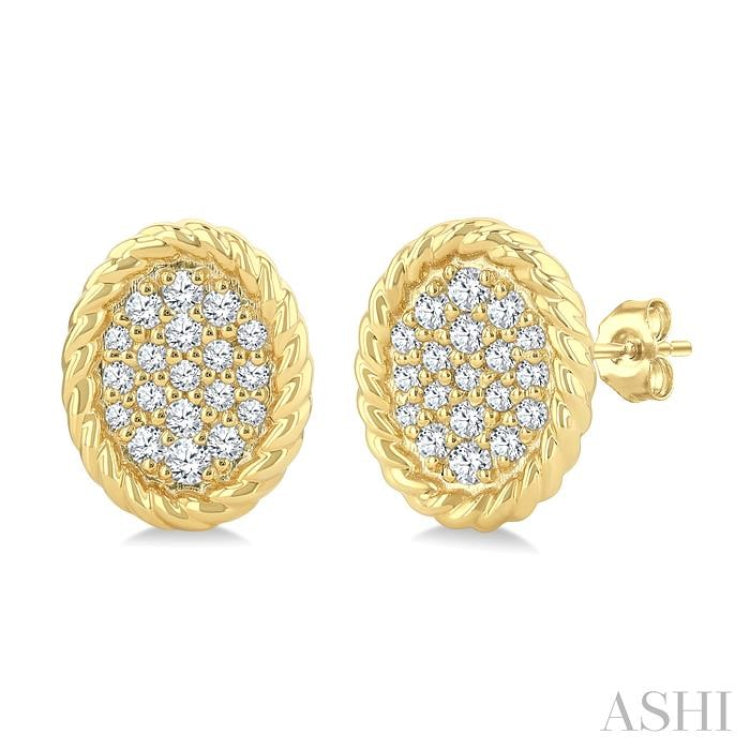 1/5 Ctw Oval Shape Rope Border Round Cut Diamond Fashion Stud Earring in 10K Yellow Gold
