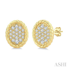 1/5 Ctw Oval Shape Rope Border Round Cut Diamond Fashion Stud Earring in 10K Yellow Gold
