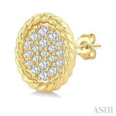 1/5 Ctw Oval Shape Rope Border Round Cut Diamond Fashion Stud Earring in 10K Yellow Gold