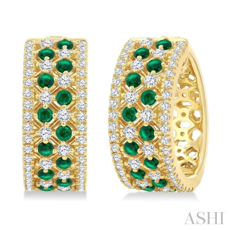 1 Ctw Fretwork 2MM Round Cut Emerald and Round Cut Diamond Precious Hoop Earring in 14K Yellow Gold
