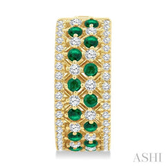 1 Ctw Fretwork 2MM Round Cut Emerald and Round Cut Diamond Precious Hoop Earring in 14K Yellow Gold