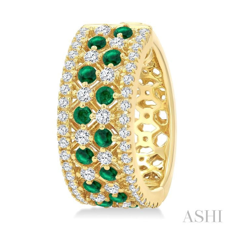 1 Ctw Fretwork 2MM Round Cut Emerald and Round Cut Diamond Precious Hoop Earring in 14K Yellow Gold