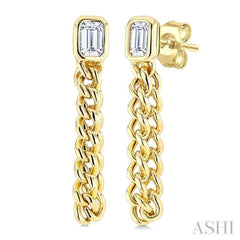 1/3 Ctw Curb Link Dangler Bezel Set Emerald Cut Diamond Fashion Earring in 14K Yellow Gold