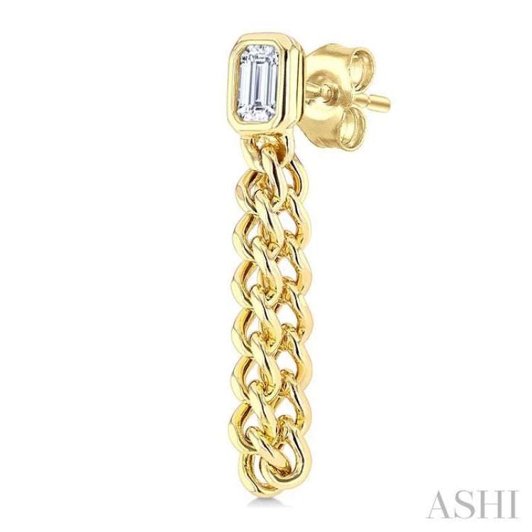 1/3 Ctw Curb Link Dangler Bezel Set Emerald Cut Diamond Fashion Earring in 14K Yellow Gold
