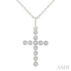 1/10 Ctw Round Cut Diamond Bezel Set Cross Petite Pendant With Chain in 10K White Gold
