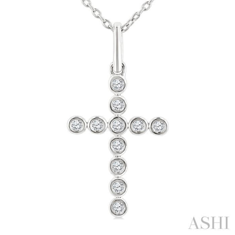 1/10 Ctw Round Cut Diamond Bezel Set Cross Petite Pendant With Chain in 10K White Gold