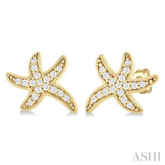1/8 Ctw Petite Milgrain Starfish Round Cut Diamond Fashion Stud Earring in 10K Yellow Gold