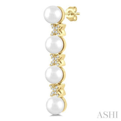 5 MM Cultured Pearl and 1/6 Ctw Round Cut Diamond Floral Fashion Earrings in 14K Yellow Gold