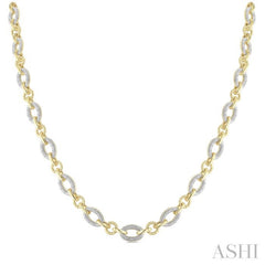 1/4 Ctw Oval Shaped Open Window Link Round Cut Diamond Necklace in Yellow Gold Vermeil
