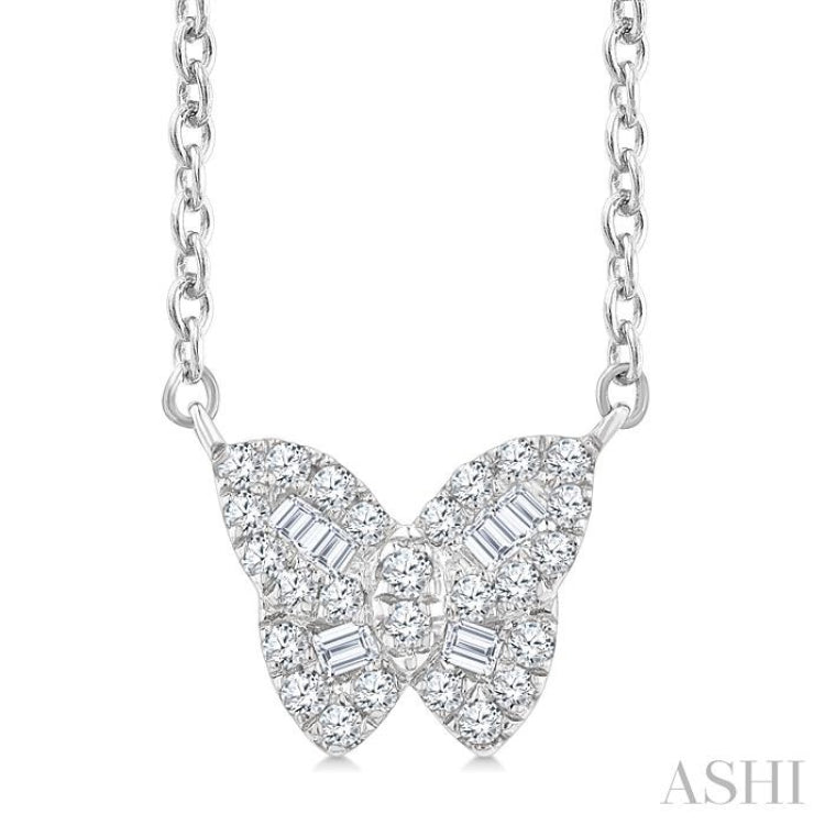 1/5 Ctw Petite Butterfly Baguette and Round Cut Diamond Fashion Pendant With Chain in 10K White Gold