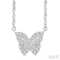 1/5 Ctw Petite Butterfly Baguette and Round Cut Diamond Fashion Pendant With Chain in 10K White Gold