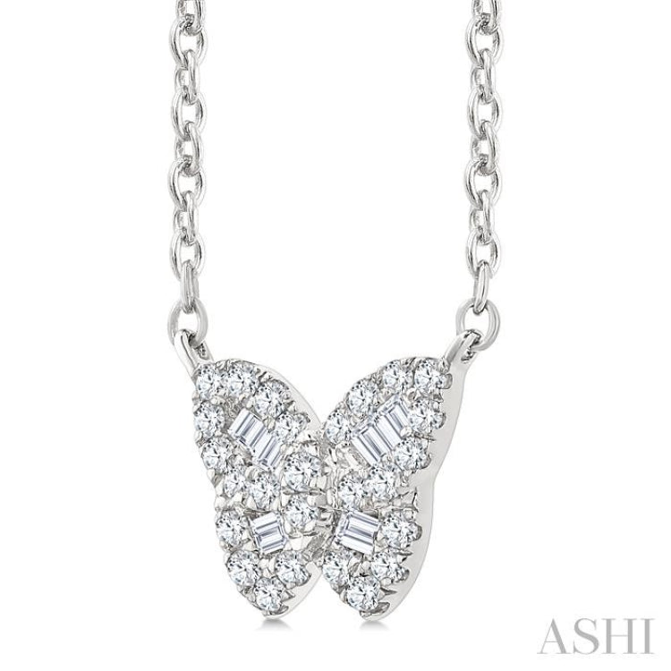 1/5 Ctw Petite Butterfly Baguette and Round Cut Diamond Fashion Pendant With Chain in 10K White Gold