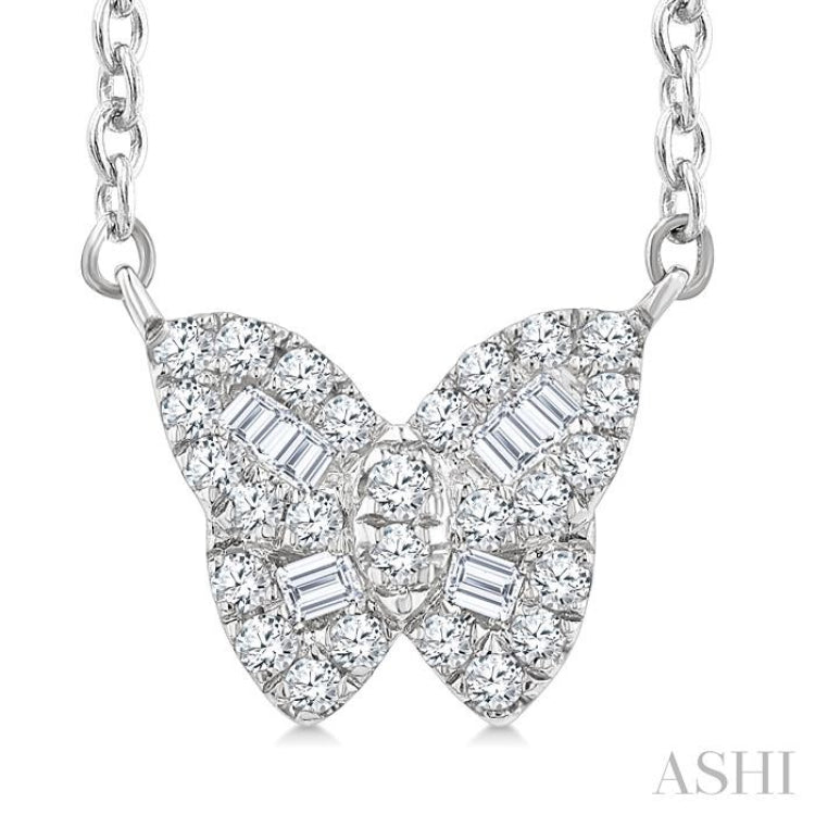 1/5 Ctw Petite Butterfly Baguette and Round Cut Diamond Fashion Pendant With Chain in 10K White Gold