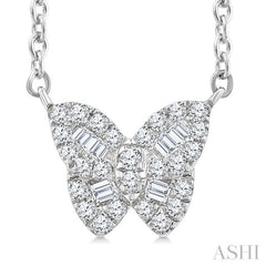 1/5 Ctw Petite Butterfly Baguette and Round Cut Diamond Fashion Pendant With Chain in 10K White Gold