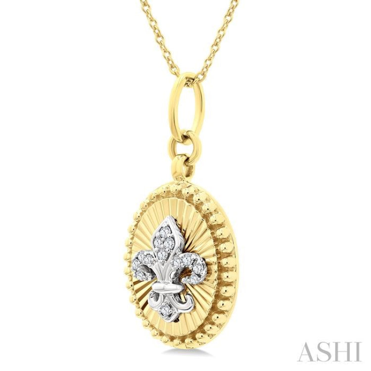 1/20 Ctw Fleur De Lis Motif Fluted Medallion Round Cut Diamond Fashion Pendant With Chain in 10K Yellow and White Gold