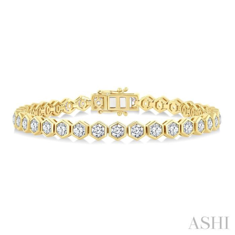 7 Ctw Hexagon Motif Bezel Set Round Cut Diamond Tennis Bracelet in 14K Yellow Gold