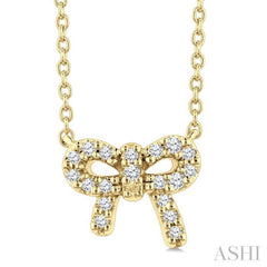 1/8 Ctw Bow Round Cut Diamond Ribbon Petite Fashion Pendant With Chain in 10K Yellow Gold