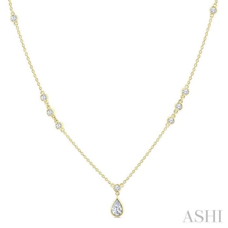 1/2 Ctw Bezel Set Pear and Round Cut Diamond Drop Necklace in 14K Yellow Gold