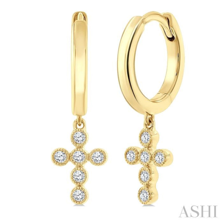 1/10 Ctw Round Cut Diamond Cross Petite Huggie Earrings in 10K Yellow Gold