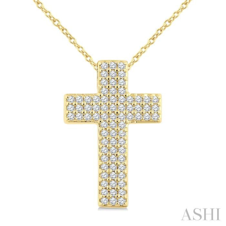 1/3 Ctw Cross Three-Row Pave Set Round cut Diamond Fashion Pendant With Chain in 10K Yellow Gold