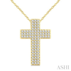 1/3 Ctw Cross Three-Row Pave Set Round cut Diamond Fashion Pendant With Chain in 10K Yellow Gold