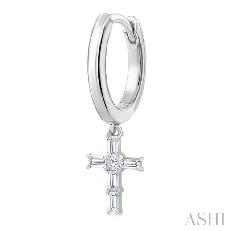 1/5 Ctw Princess and Baguette Cut Diamond Cross Petite Fashion Hoop Earrings in 10K White Gold