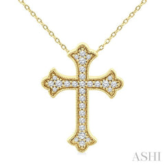 1/5 Ctw Round Cut Diamond Cross Petite Fashion Pendant With Chain in 10K Yellow Gold