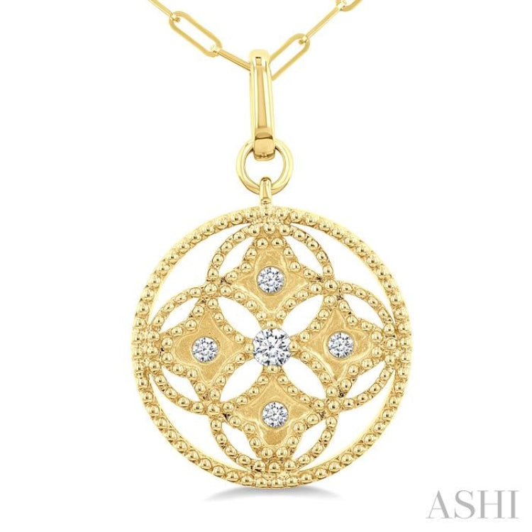 1/5 Ctw Floral Motif Round Cut Diamond Circle Medallion Fashion Pendant With Chain in 14K Yellow Gold