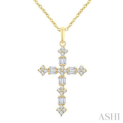 1/3 Ctw Floral Cross Fusion Baguette and Round Cut Diamond Fashion Pendant With Chain in 14K Yellow Gold