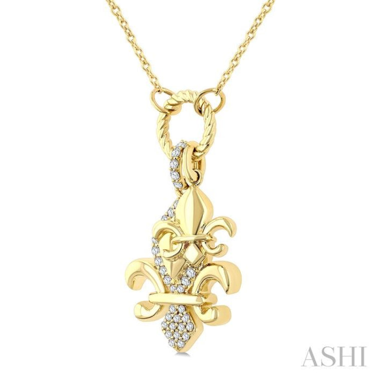 1/6 Ctw Fleur De Lis Charm Round Cut Diamond Pendant With Chain in 10K Yellow Gold