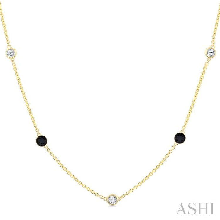 1 Ctw Black and White Round Cut Diamond Station Necklace in 14K Yellow Gold