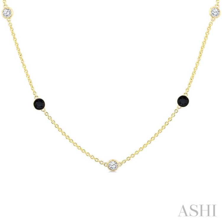 1 Ctw Black and White Round Cut Diamond Station Necklace in 14K Yellow Gold