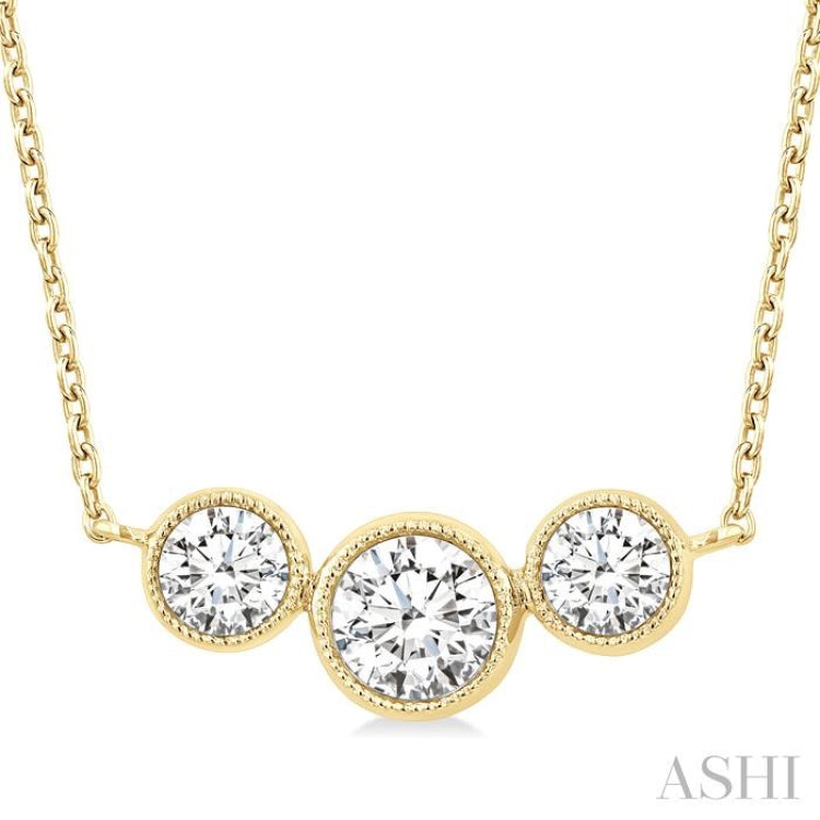 1 Ctw Past, Present & Future 3-Stone Bezel Set Round Cut Diamond Necklace in 14K Yellow Gold