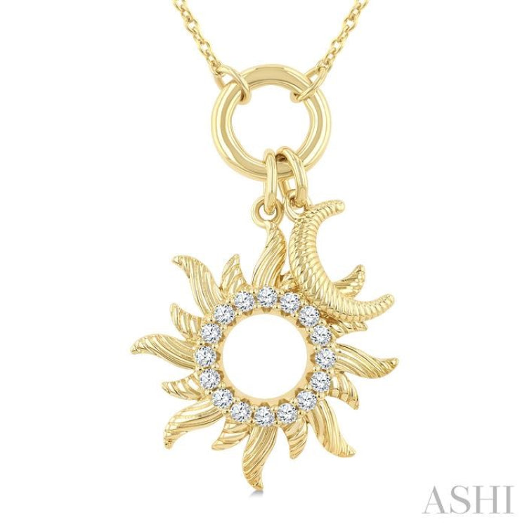 1/6 Ctw Fluted Sun and Crescent Moon Charm Round Cut Diamond Fashion Pendant With Chain in 10K Yellow Gold