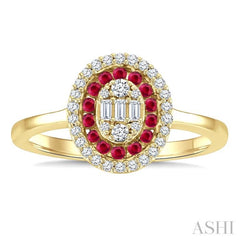 1/4 Ctw Oval Shape 1.35MM Ruby, Baguette and Round Cut Diamond Precious Fusion Fashion Ring in 14K Yellow Gold