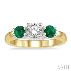 3.90 MM Round Shape Emerald and 1/2 Ctw Past, Present and Future Round Cut Diamond Precious Ring in 14K Yellow and White Gold