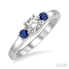 2.70 MM Round Shape Sapphire and 1/3 Ctw Past, Present and Future Round Cut Diamond Precious Ring in 14K White Gold