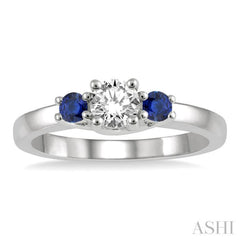 2.70 MM Round Shape Sapphire and 1/3 Ctw Past, Present and Future Round Cut Diamond Precious Ring in 14K White Gold