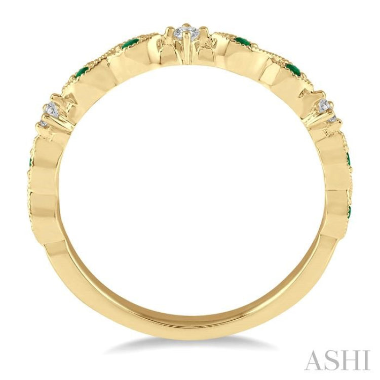 1.25 MM Round Cut Green Emerald and 1/20 Ctw Round Cut Diamond Precious Half Eternity Wedding Band in 14K Yellow Gold