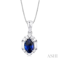6x4 MM Oval Cut Sapphire and 1/5 Ctw Baguette & Round Cut Diamond Hexagon Shape Halo Precious Pendant With Chain in 10K White Gold