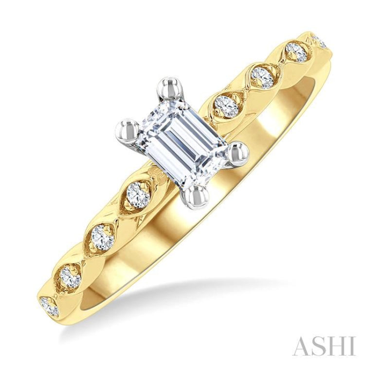 1/10 Ctw Emerald Shape Round Cut Diamond Semi-Mount Engagement Ring in 14K Yellow and White Gold