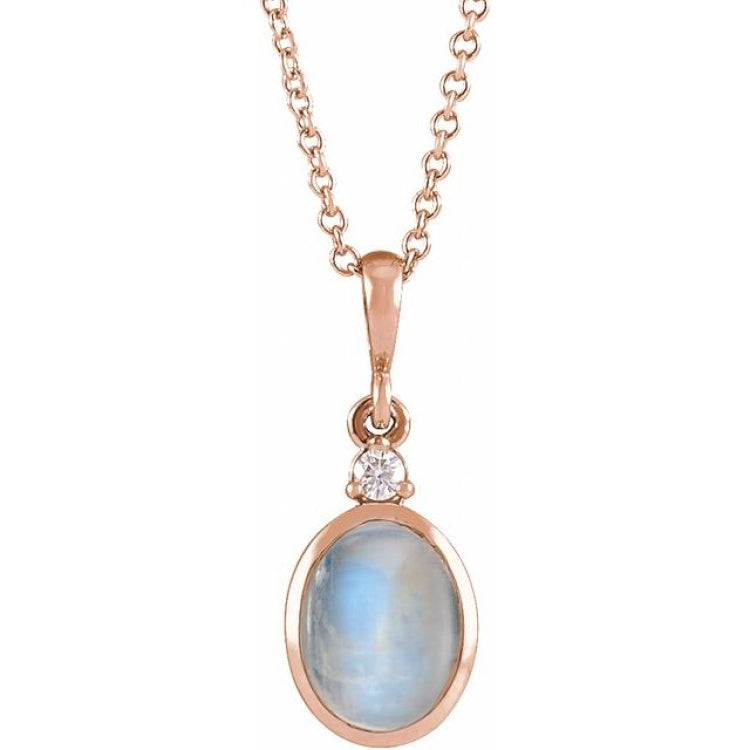 14K Rose Gold 6x4 mm Natural Rainbow Moonstone & .015 CT Natural Diamond 16-18" Necklace