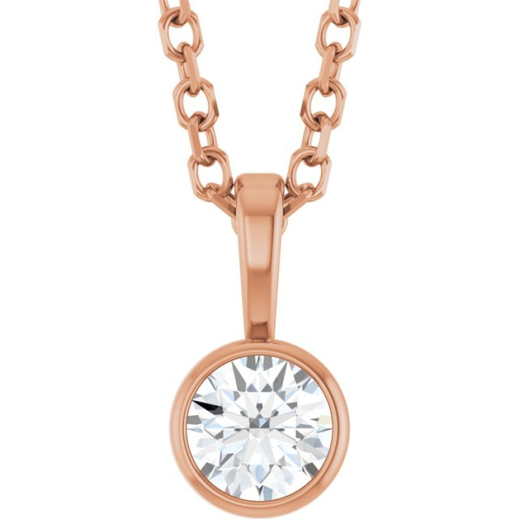14K Rose Gold 1/6 CT Natural Diamond Bezel-Set Solitaire 16-18" Necklace