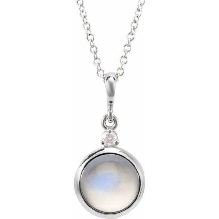 14K White Gold 8 mm Natural Rainbow Moonstone & .03 CT Natural Diamond Cabochon 16-18" Necklace