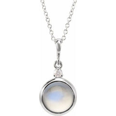14K White Gold 8 mm Natural Rainbow Moonstone & .03 CT Natural Diamond Cabochon 16-18" Necklace