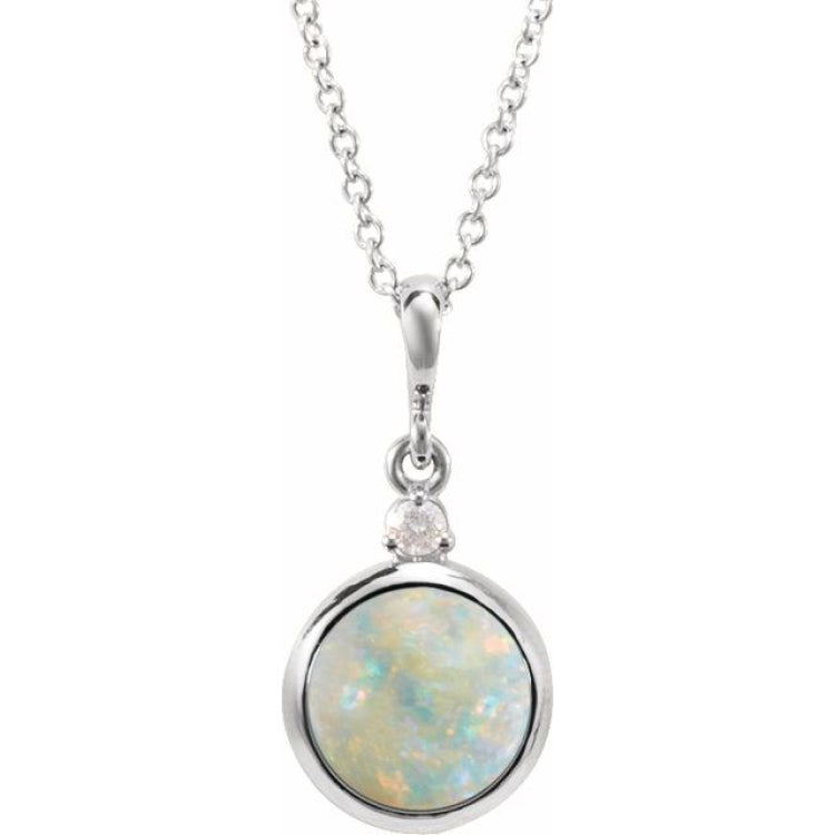 Platinum 8 mm Natural White Opal & .03 CT Natural Diamond Cabochon 16-18" Necklace