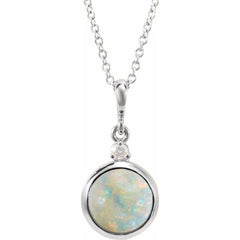 Platinum 6 mm Natural White Opal & .03 CT Natural Diamond Cabochon 16-18" Necklace
