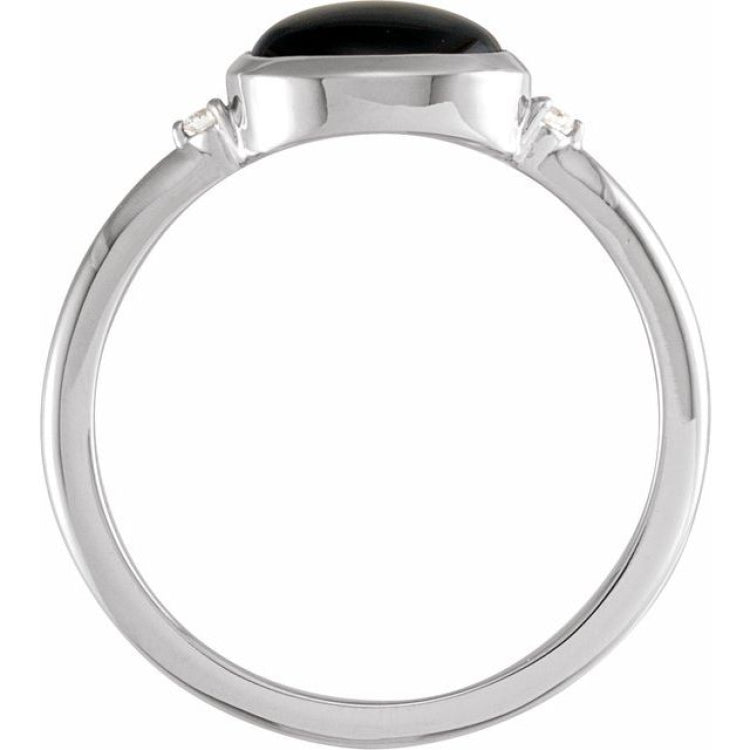 14K White Gold 9x7 mm Round Natural Black Onyx & .03 CTW Natural Diamond Ring